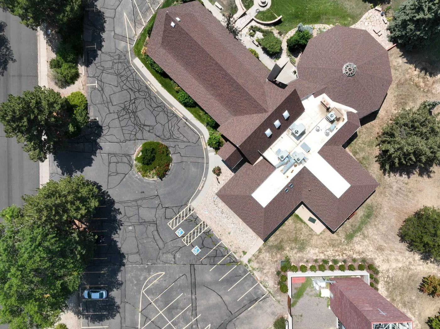 Top-down aerial of a large church
