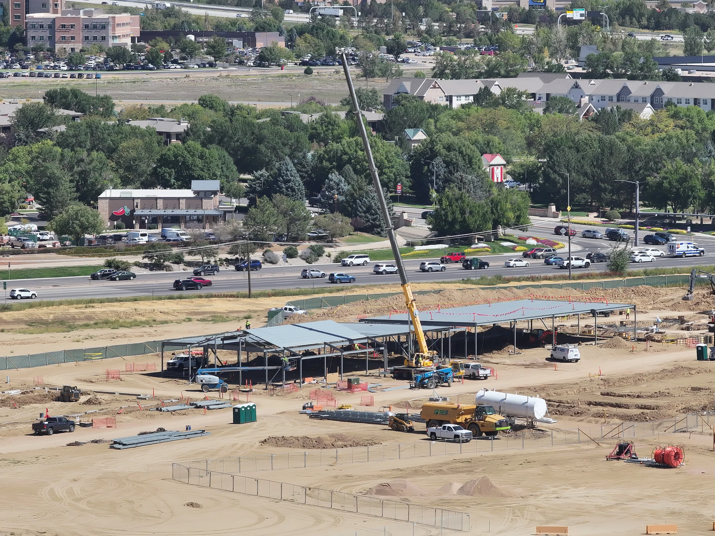 September 9 closer aerial view of steel framing, roof and crane